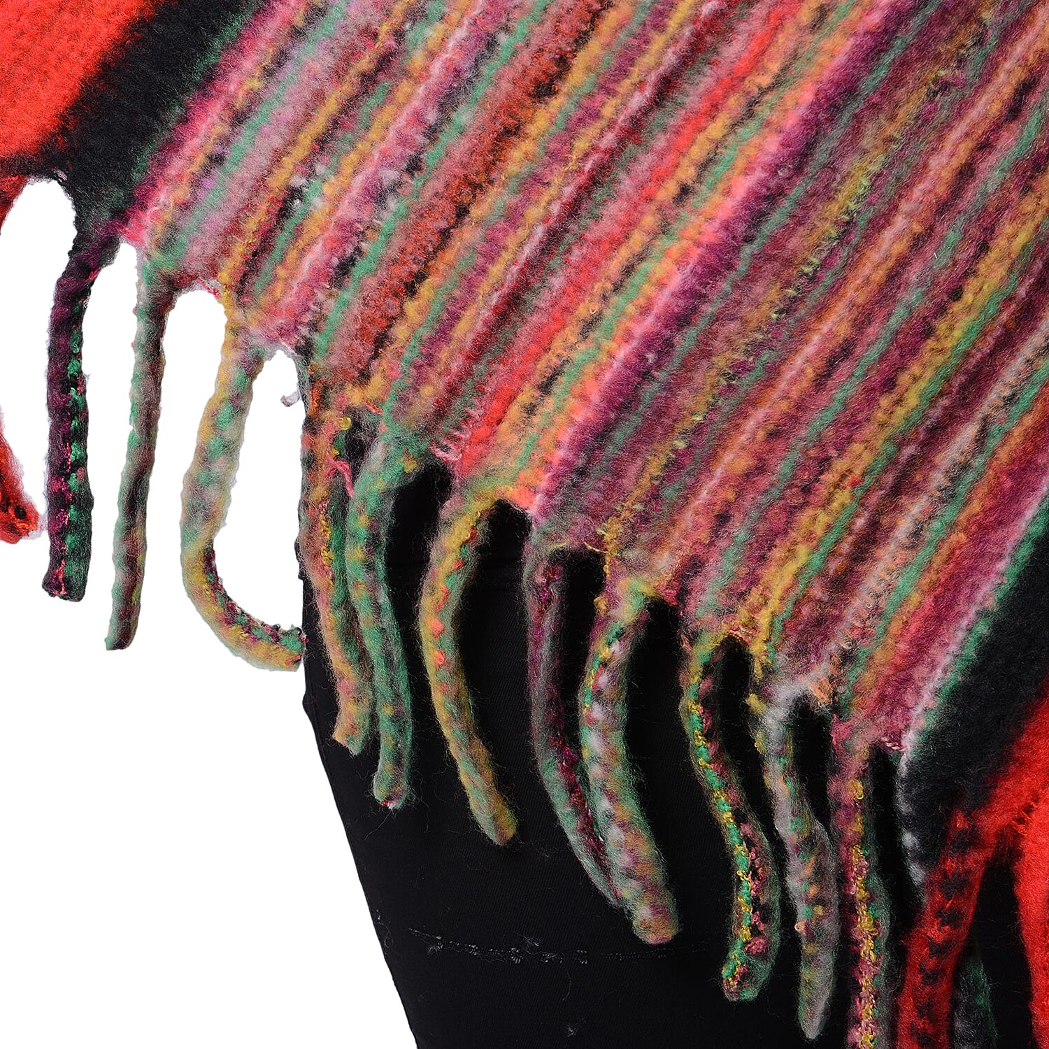 Multi Colour Ethnic Style Striped Poncho with Red Border and Tassel Hem