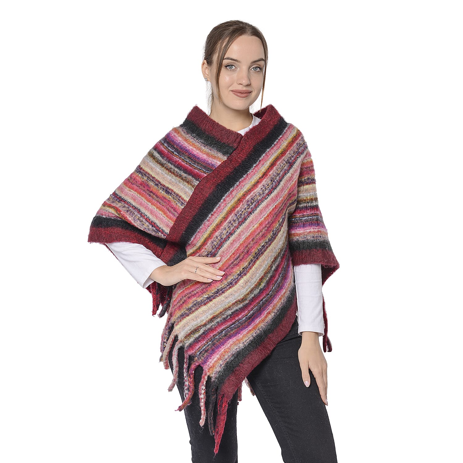 Women Ethnic Stripe Pattern Poncho with Tassel (90X80cm+15cm) - Burgundy
