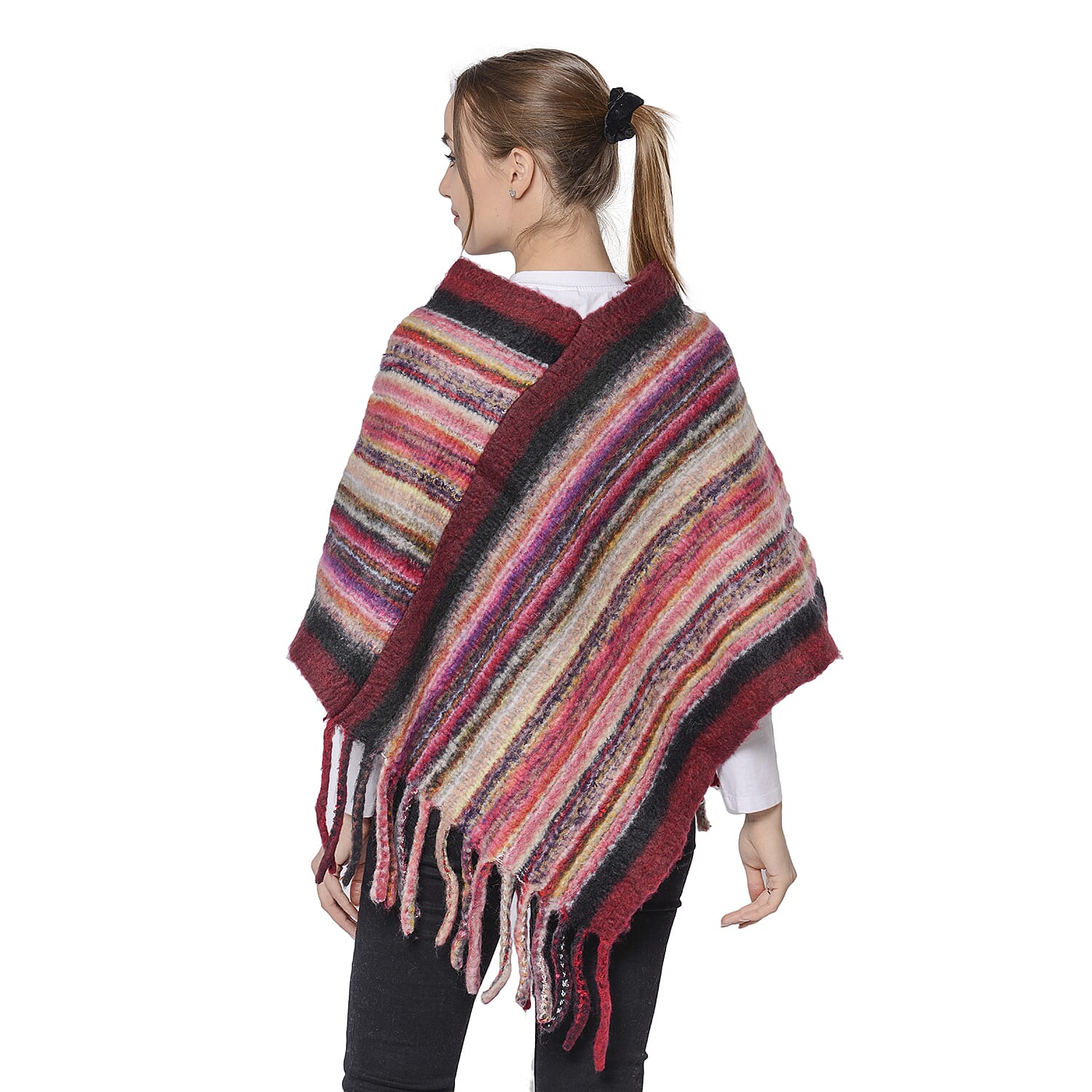 Women Ethnic Stripe Pattern Poncho with Tassel (90X80cm+15cm) - Burgundy