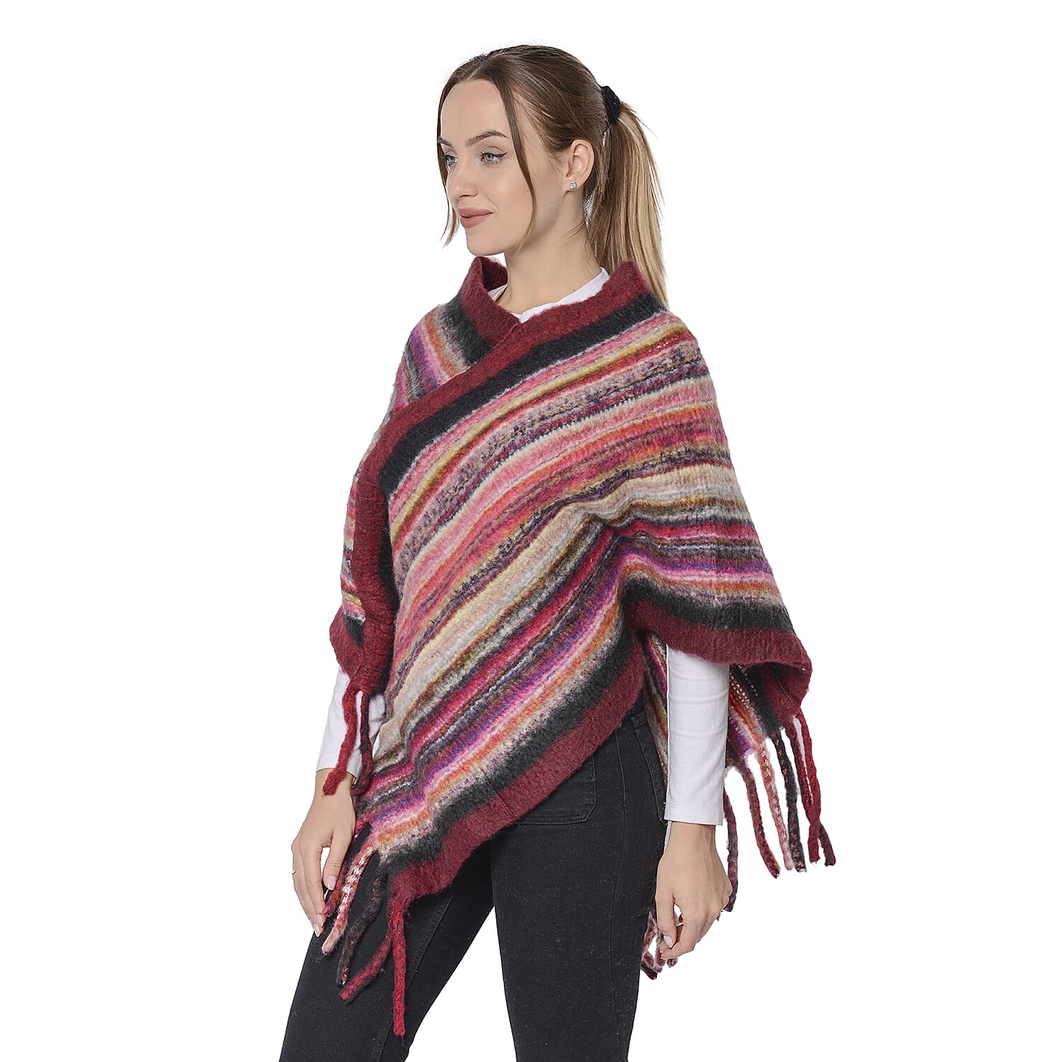 Women Ethnic Stripe Pattern Poncho with Tassel (90X80cm+15cm) - Burgundy