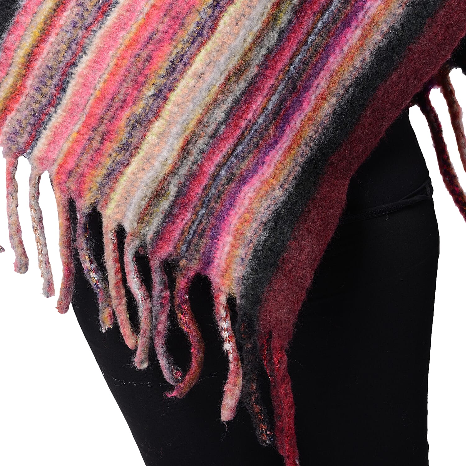 Women Ethnic Stripe Pattern Poncho with Tassel (90X80cm+15cm) - Burgundy