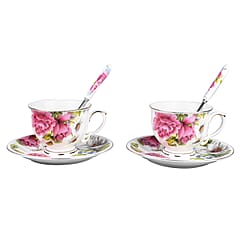 Set of 6 - European Cup Set with Flower Pattern in White and Pink Colour