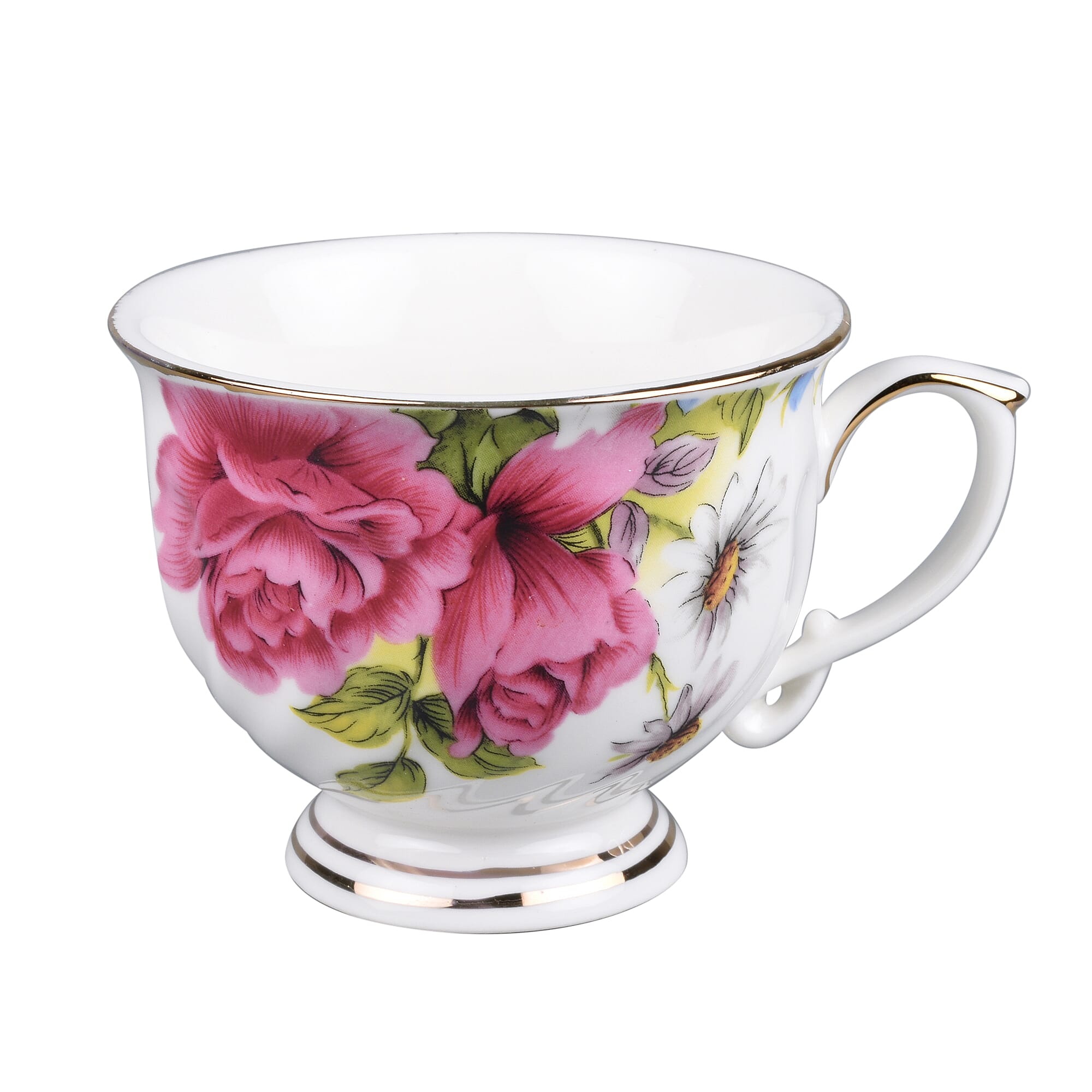 Set of 6 - European Cup Set with Flower Pattern in White and Pink Colour