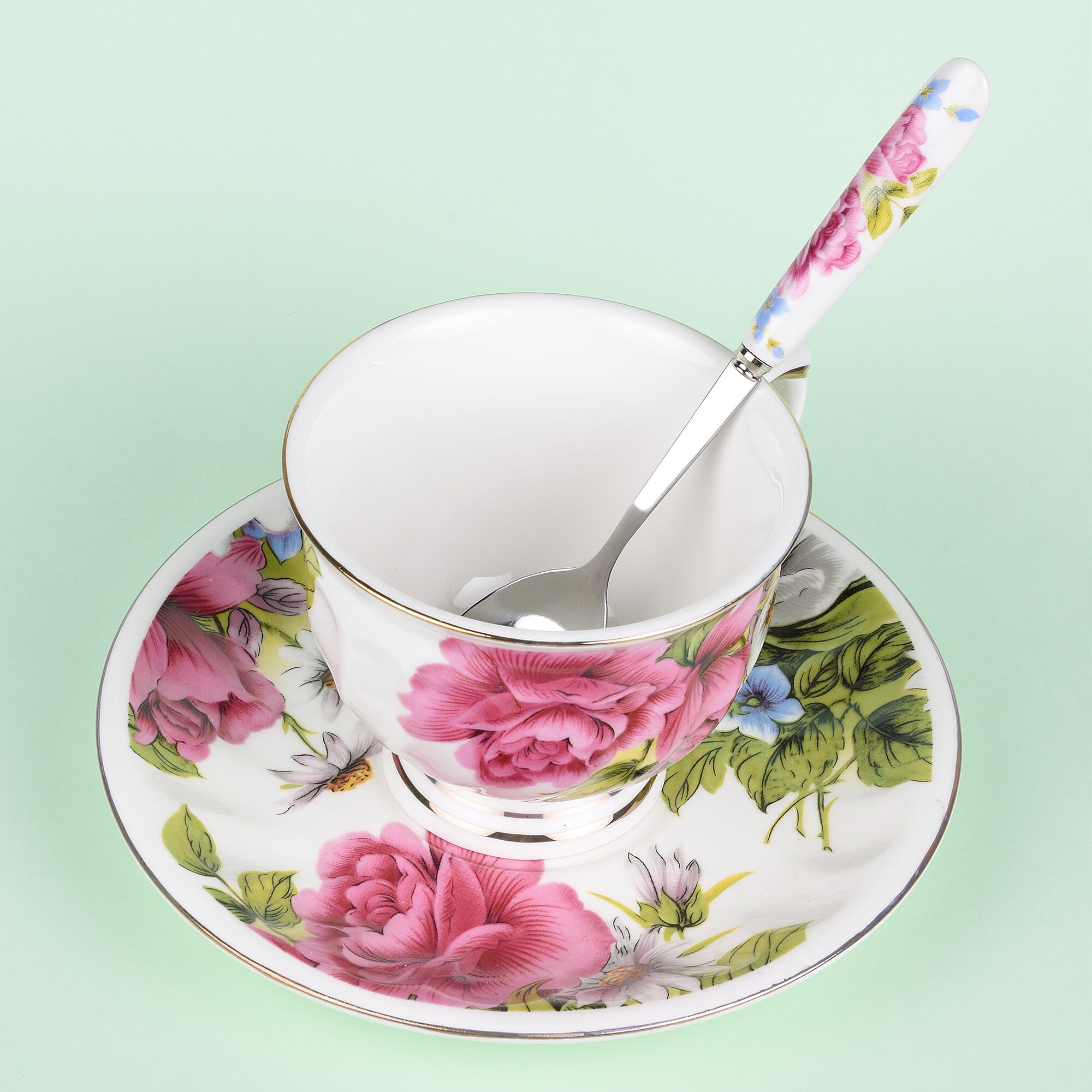 Set of 6 - European Cup Set with Flower Pattern in White and Pink Colour