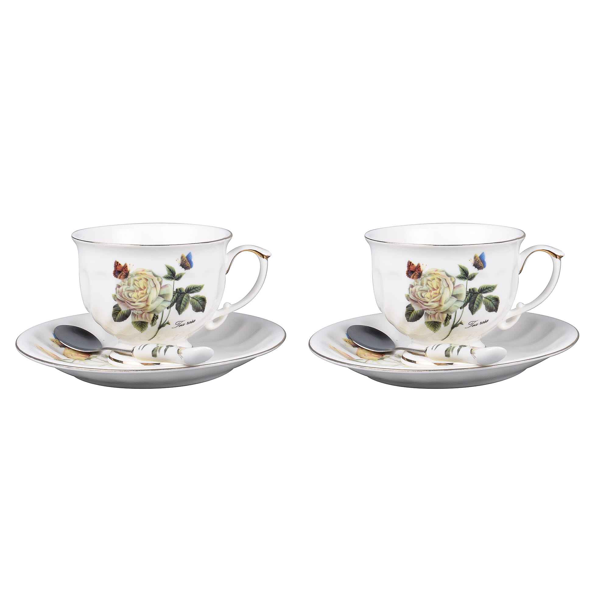 Set of 6 - European Cup Set with Rose Pattern in White and Yellow Colour