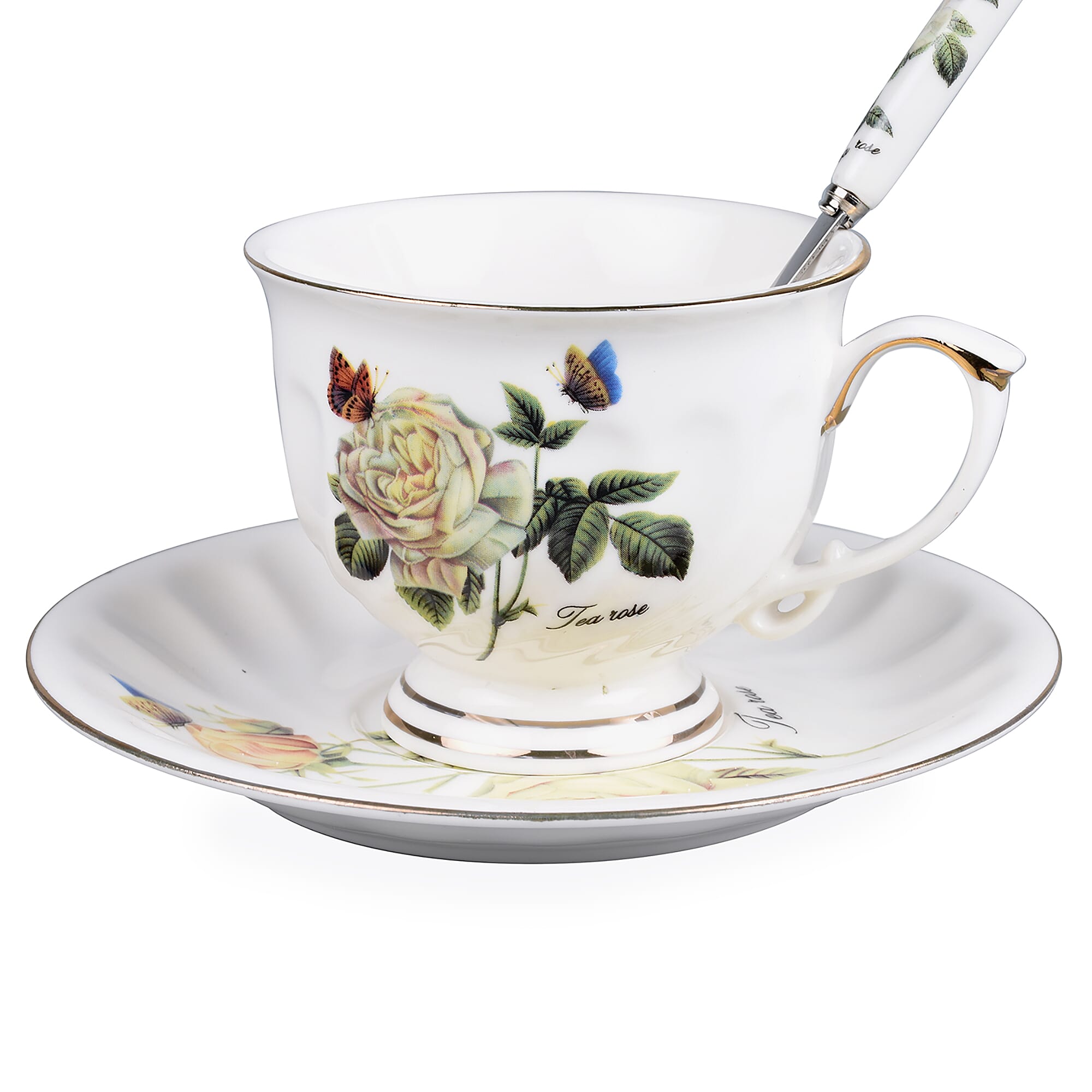 Set of 6 - European Cup Set with Rose Pattern in White and Yellow Colour
