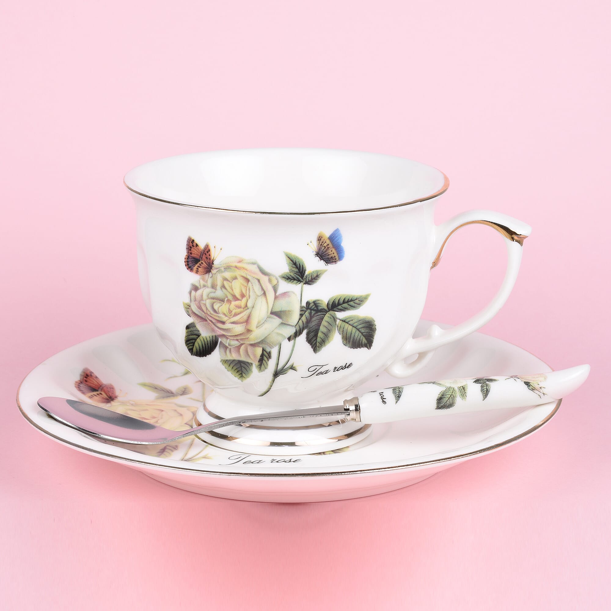 Set of 6 - European Cup Set with Rose Pattern in White and Yellow Colour