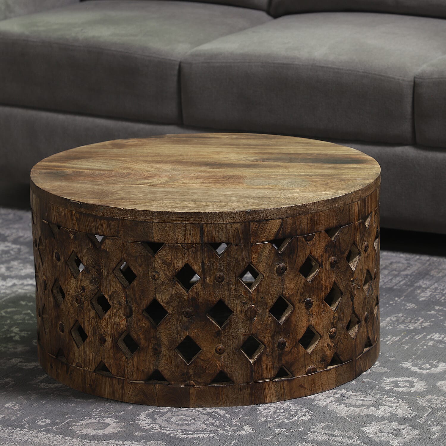 NAKKASHI Mango Wood Handcarved Coffee Table (Size 60x60x33 Cm)