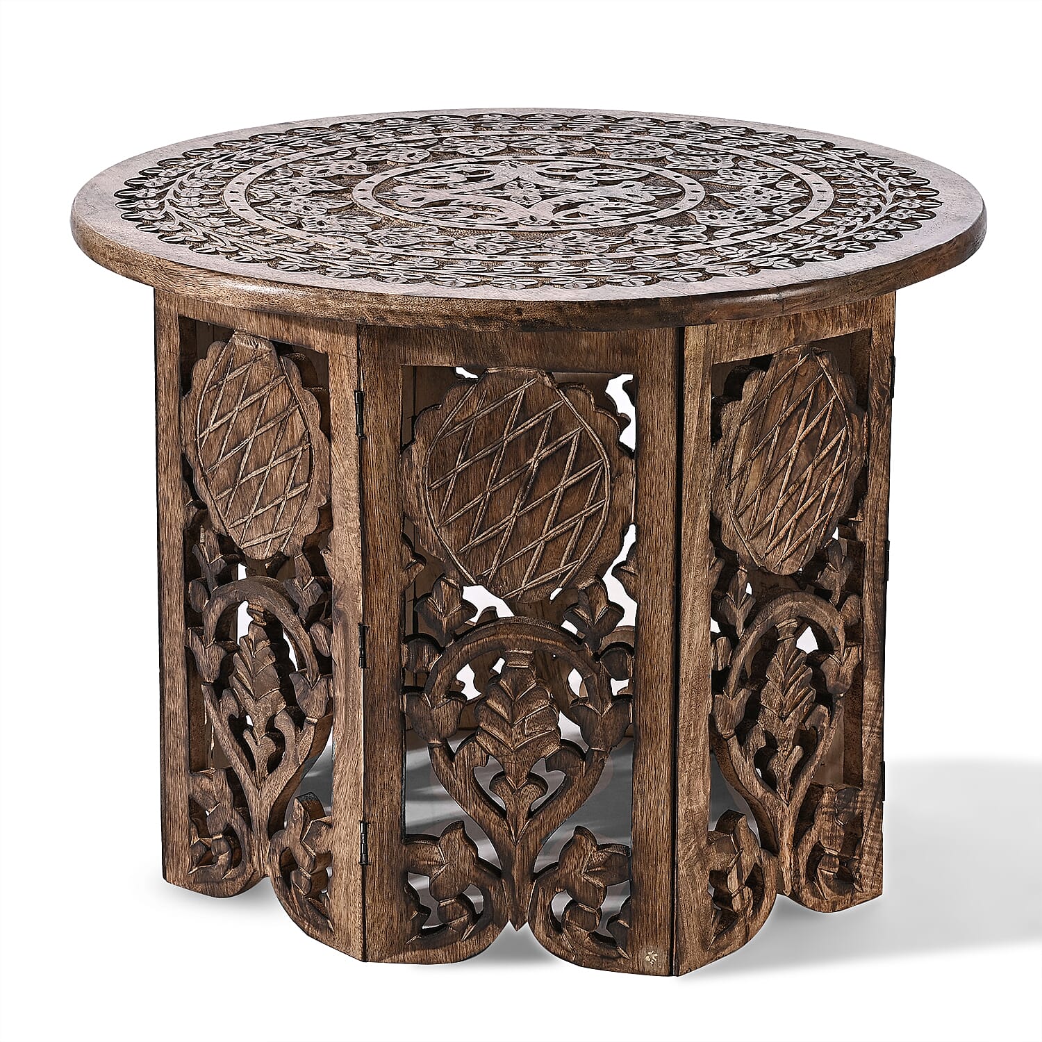 NAKKASHI Hand Carved Mango Wood Table (Size 68x68x51Cm) Natural Finish