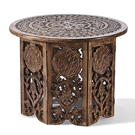 NAKKASHI Hand Carved Mango Wood Table (Size 68x68x51Cm) Natural Finish