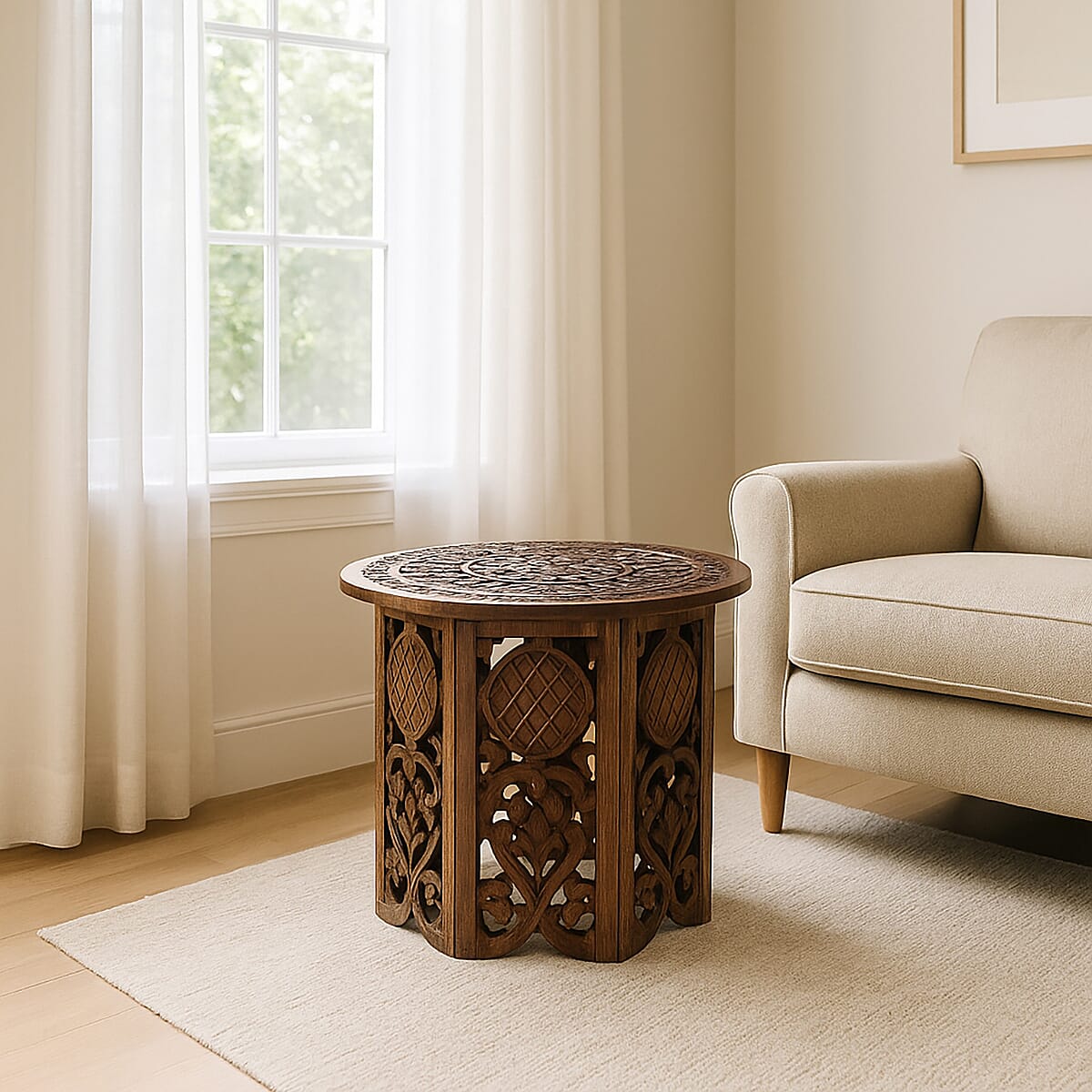 NAKKASHI Hand Carved Mango Wood Table (Size 68x68x51Cm) Natural Finish