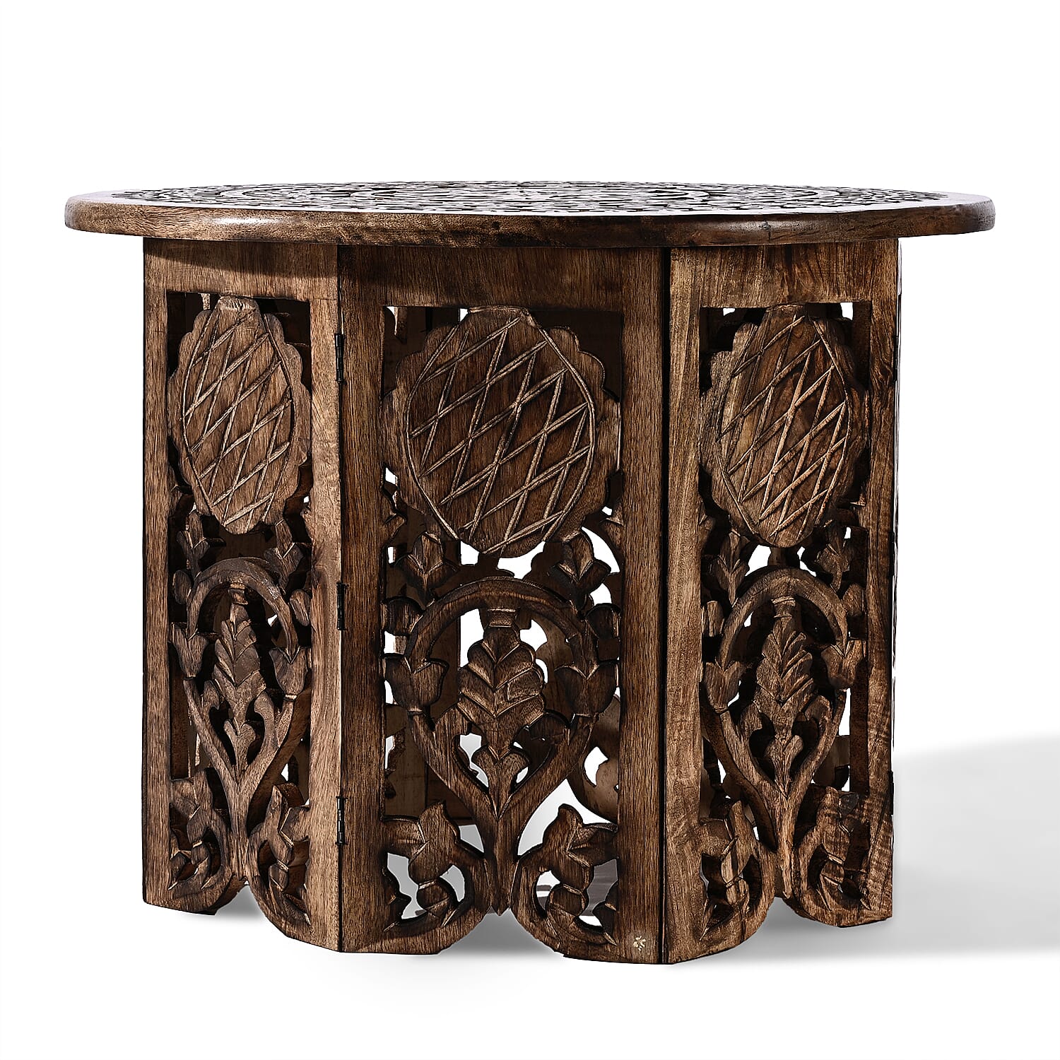 NAKKASHI Hand Carved Mango Wood Table (Size 68x68x51Cm) Natural Finish