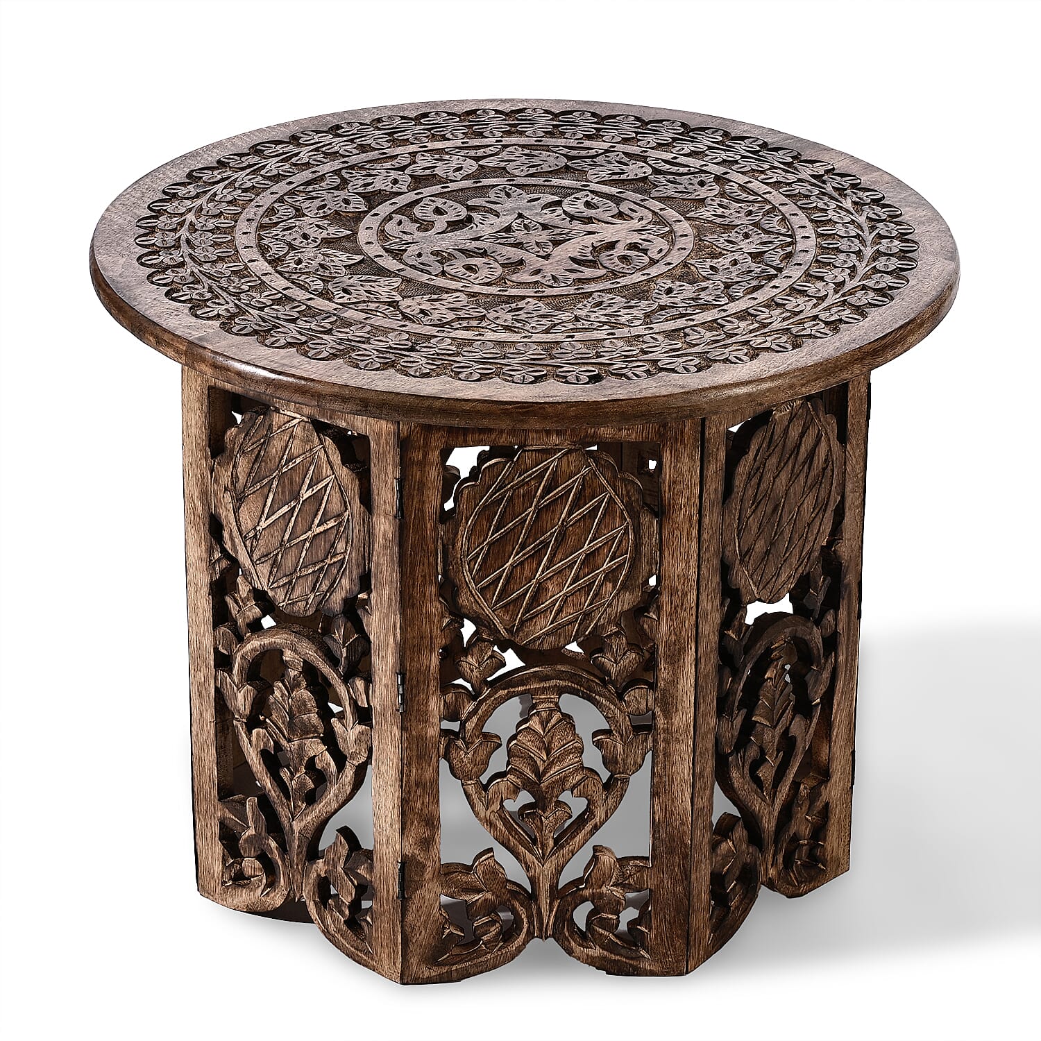 NAKKASHI Hand Carved Mango Wood Table (Size 68x68x51Cm) Natural Finish