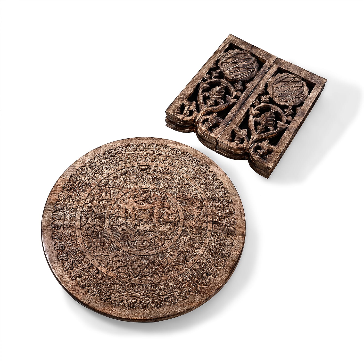 NAKKASHI Hand Carved Mango Wood Table (Size 68x68x51Cm) Natural Finish