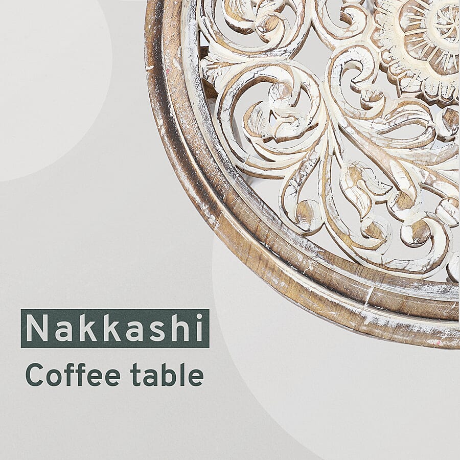 NAKKASHI Hand Carved Mango Wood Table with Glass Top (Size 58x58x41Cm)