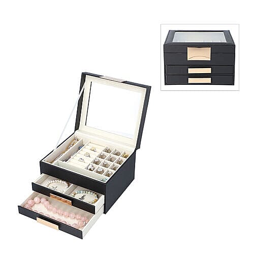 Three Layer Anti-Tarnish Jewellery Box with Transparent Glass Window at Top in Black