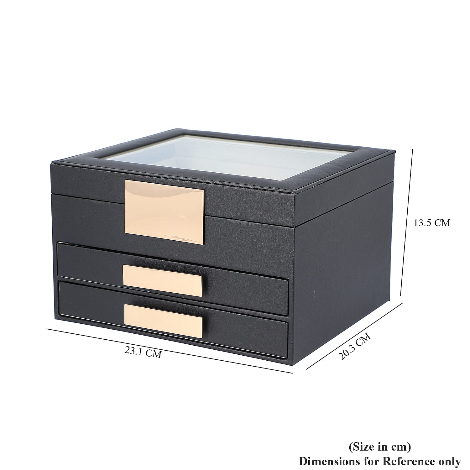Three Layer Anti-Tarnish Jewellery Box with Transparent Glass Window at Top in Black