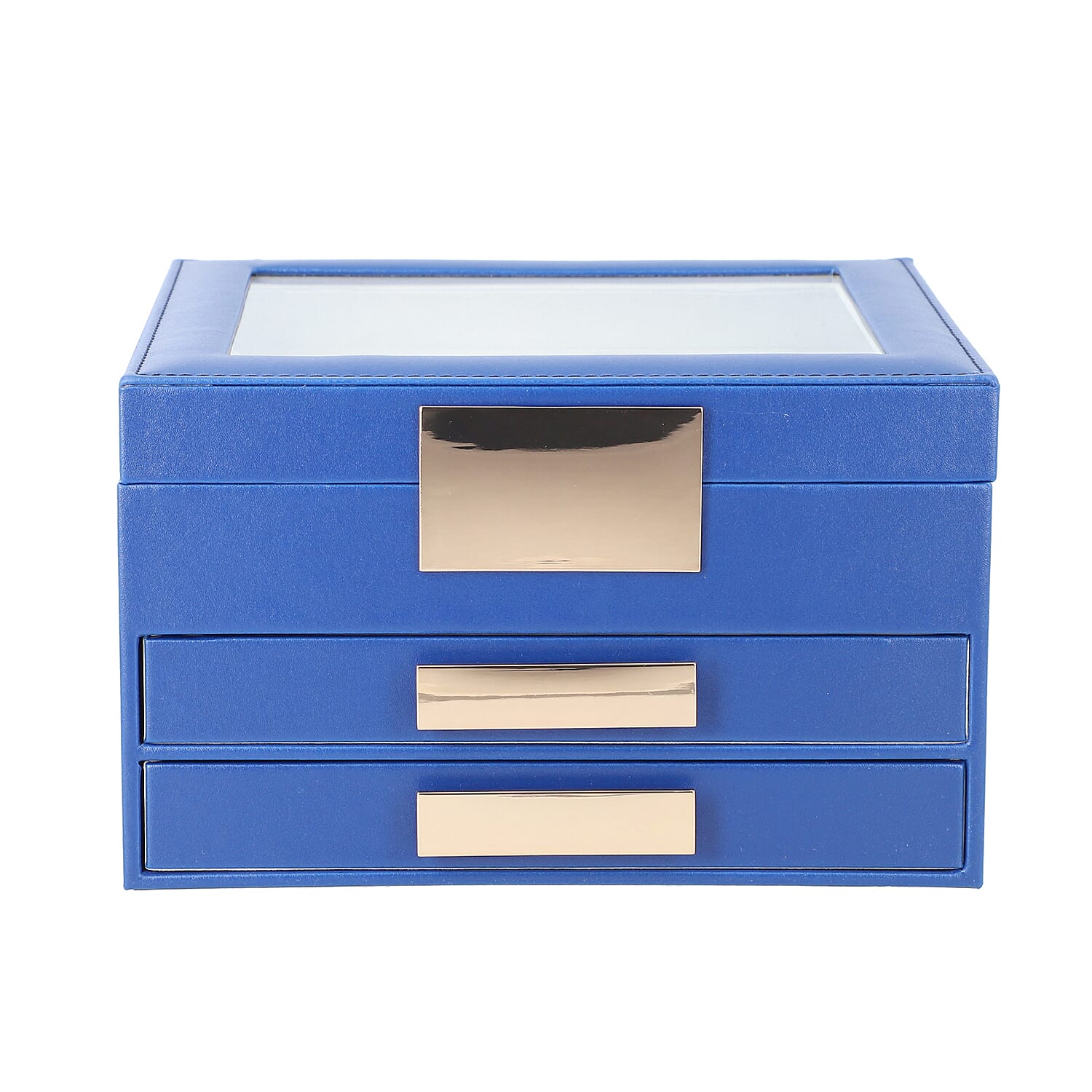 Three Layer Anti-Tarnish Jewellery Box with Transparent Glass Window at Top in Blue