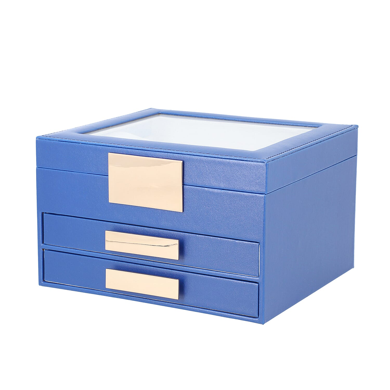 Three Layer Anti-Tarnish Jewellery Box with Transparent Glass Window at Top in Blue