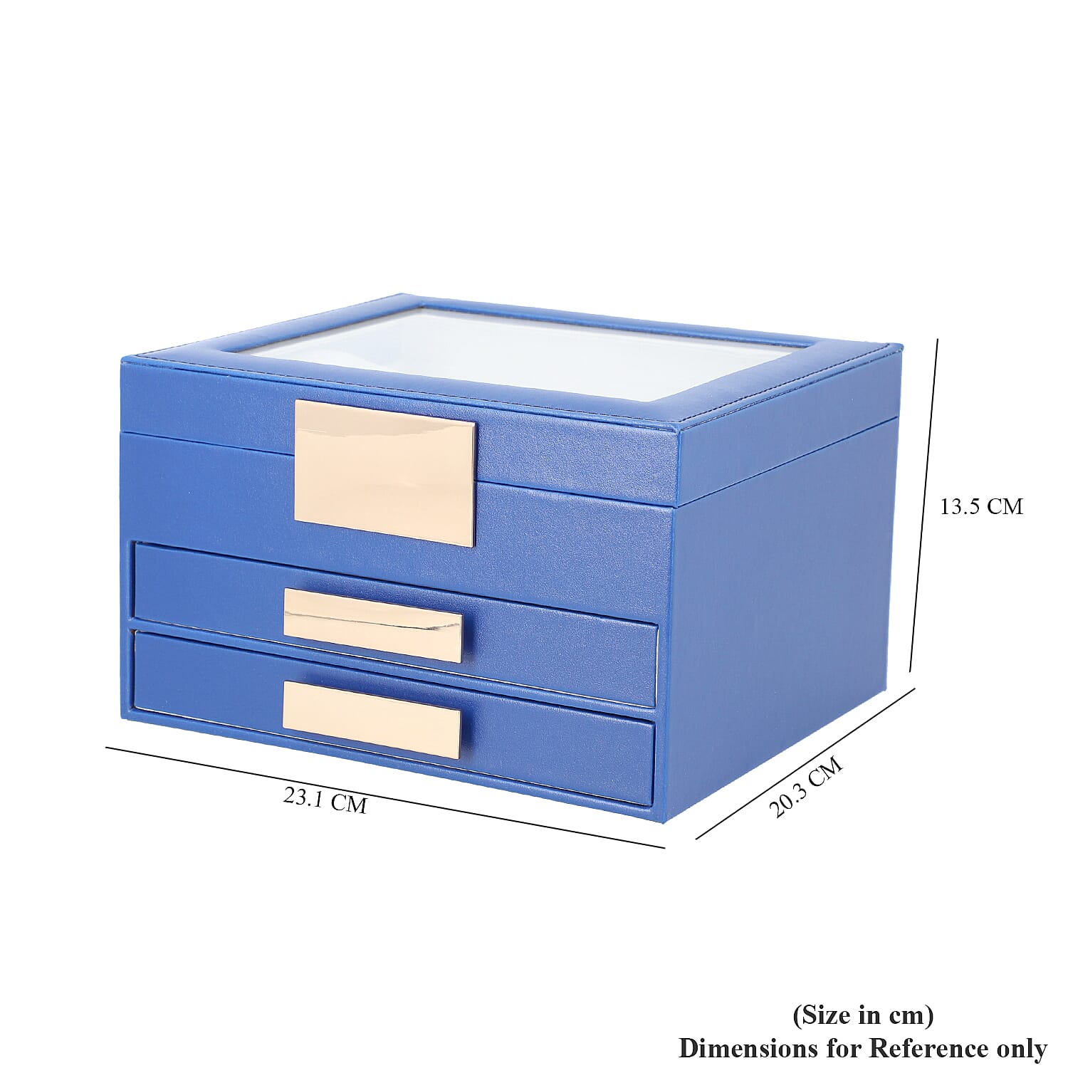 Three Layer Anti-Tarnish Jewellery Box with Transparent Glass Window at Top in Blue