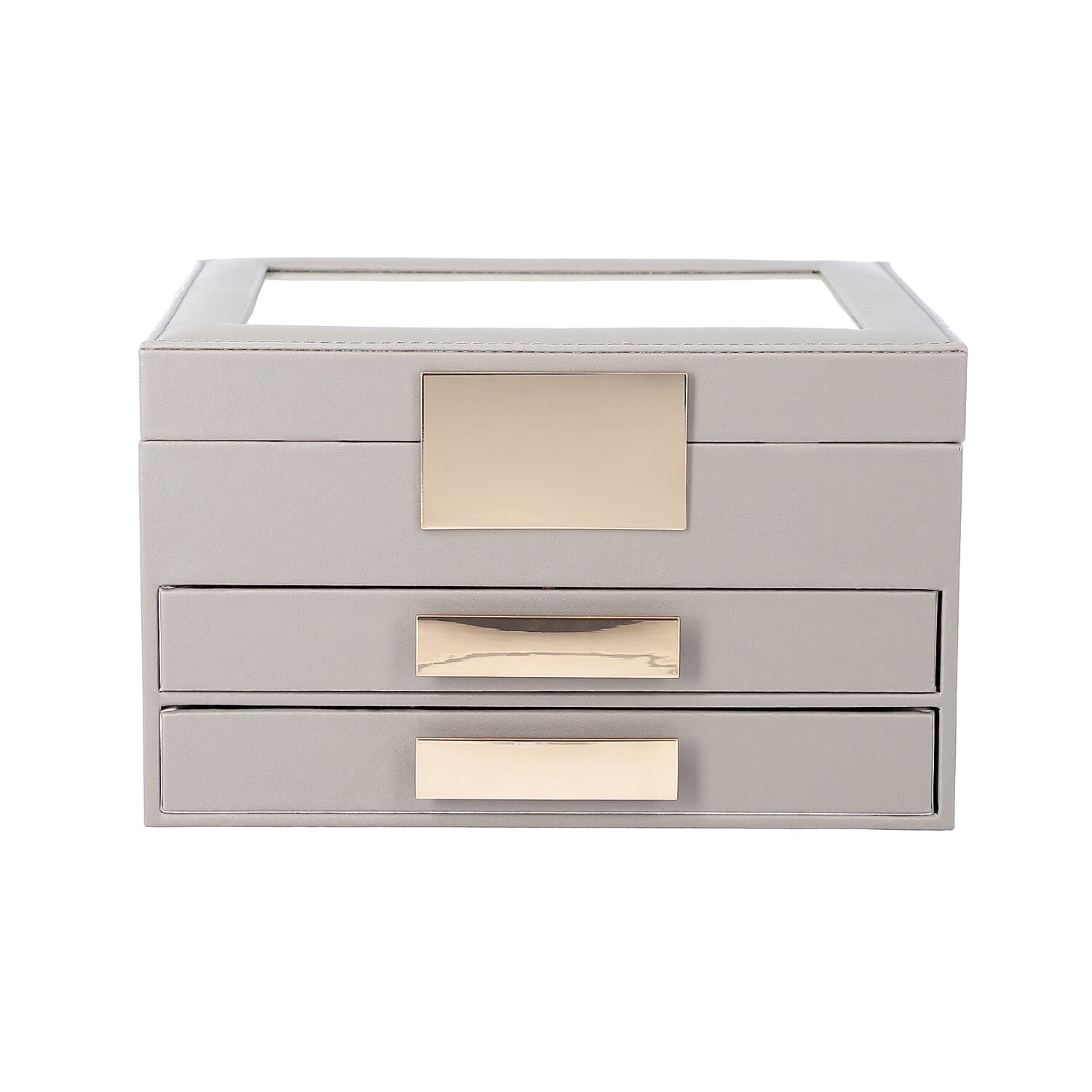 Three Layer Anti-Tarnish Jewellery Box with Transparent Glass Window at Top in Grey
