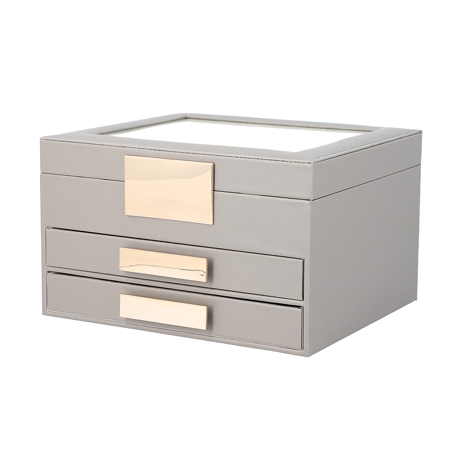 Three Layer Anti-Tarnish Jewellery Box with Transparent Glass Window at Top in Grey