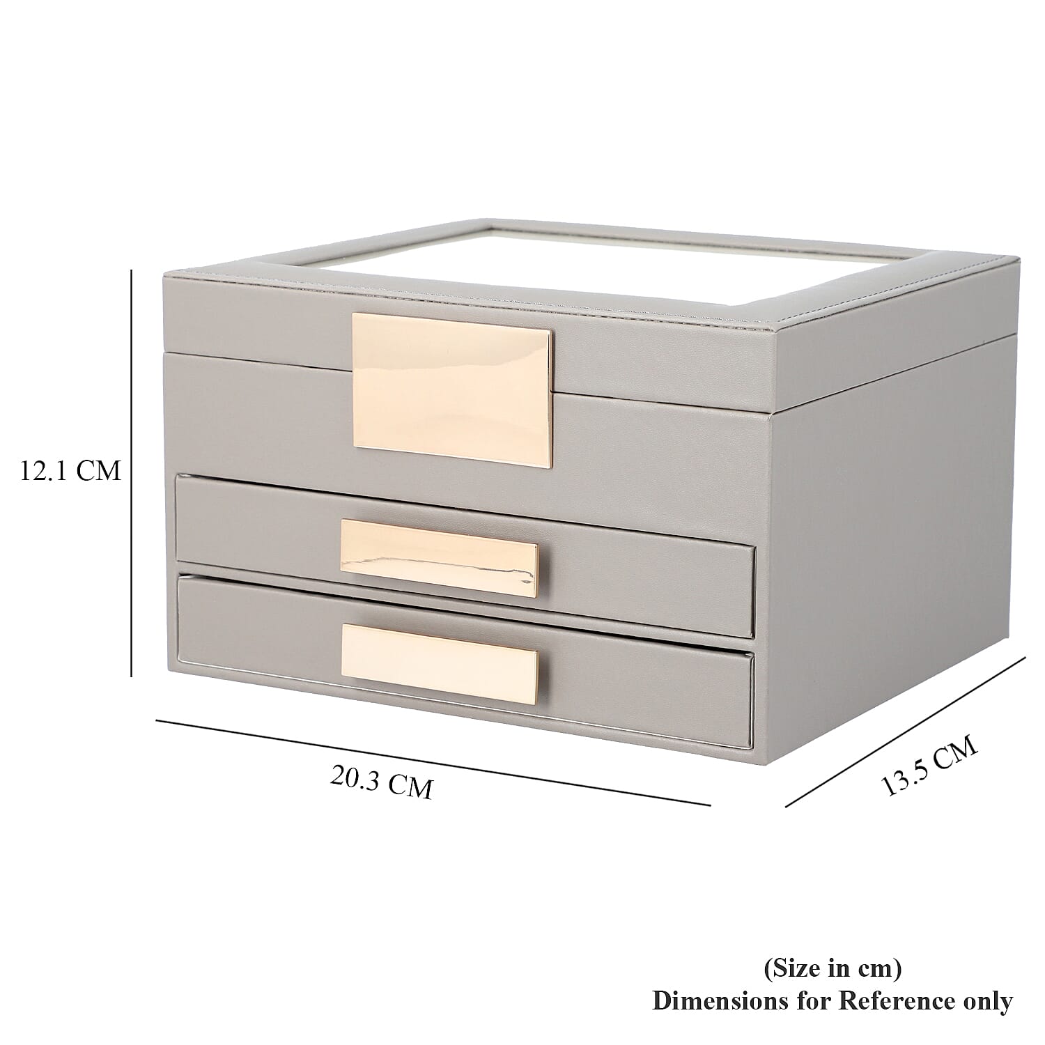 Three Layer Anti-Tarnish Jewellery Box with Transparent Glass Window at Top in Grey