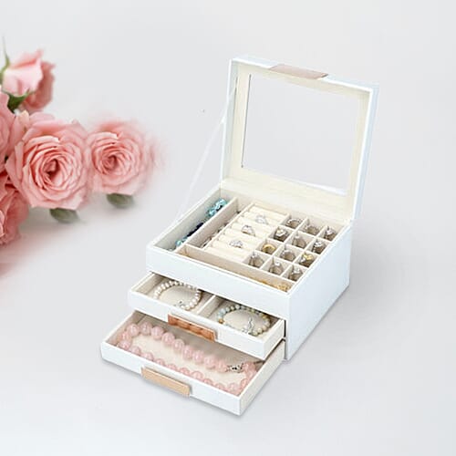 Three Layer Anti-Tarnish Jewellery Box with Transparent Glass Window at Top in White