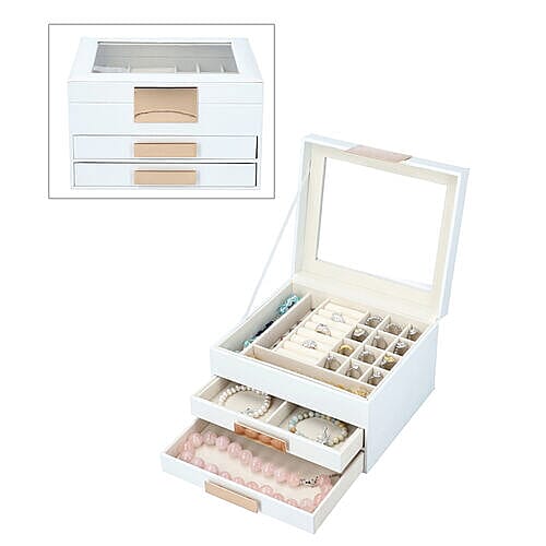 Three Layer Anti-Tarnish Jewellery Box with Transparent Glass Window at Top in White