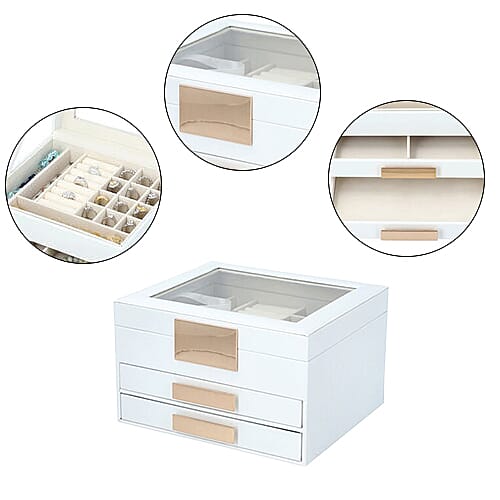 Three Layer Anti-Tarnish Jewellery Box with Transparent Glass Window at Top in White