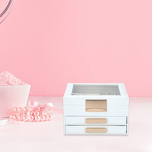 Three Layer Anti-Tarnish Jewellery Box with Transparent Glass Window at Top in White