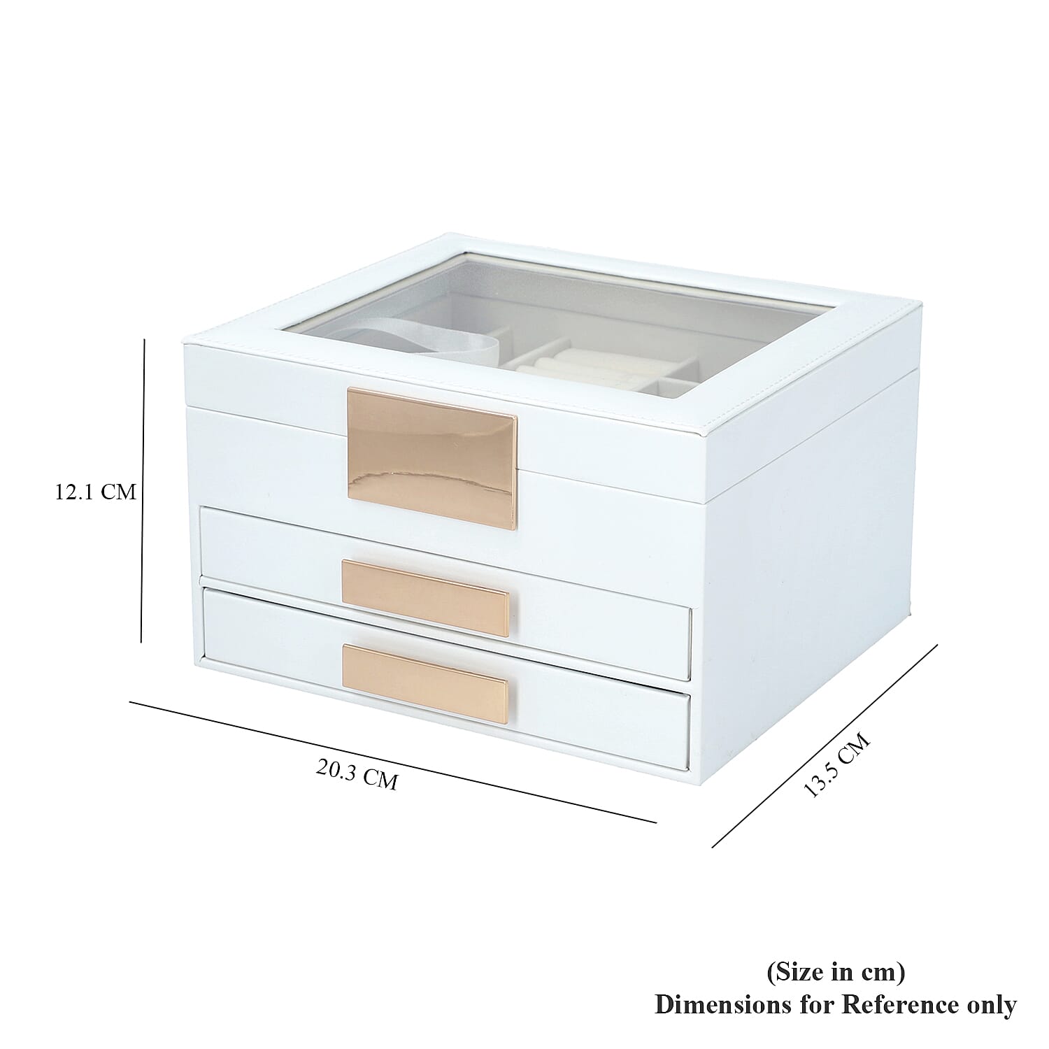 Three Layer Anti-Tarnish Jewellery Box with Transparent Glass Window at Top in White