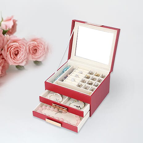 Three Layer Anti-Tarnish Jewellery Box with Transparent Glass Window at Top in Wine Red Colour