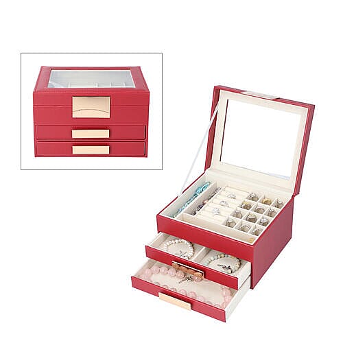 Three Layer Anti-Tarnish Jewellery Box with Transparent Glass Window at Top in Wine Red Colour