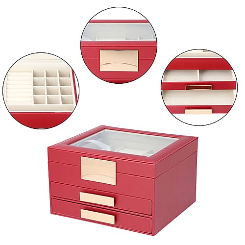 Three Layer Anti-Tarnish Jewellery Box with Transparent Glass Window at Top in Wine Red Colour