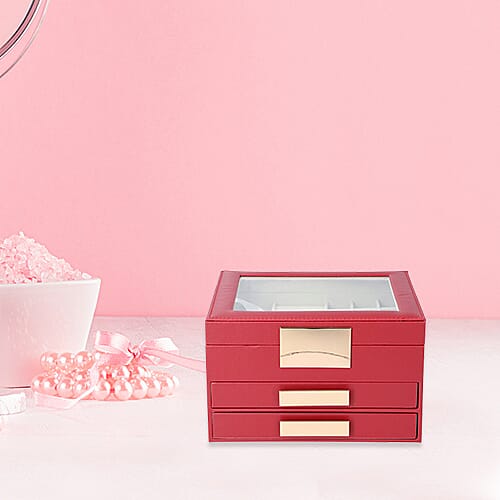 Three Layer Anti-Tarnish Jewellery Box with Transparent Glass Window at Top in Wine Red Colour