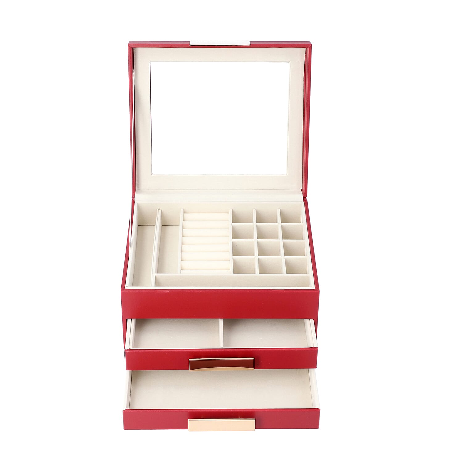 Three Layer Anti-Tarnish Jewellery Box with Transparent Glass Window at Top in Wine Red Colour