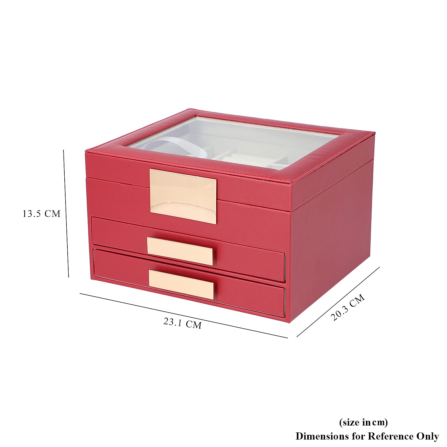 Three Layer Anti-Tarnish Jewellery Box with Transparent Glass Window at Top in Wine Red Colour