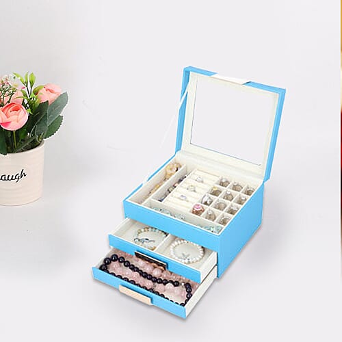Three Layer Anti-Tarnish Jewellery Box with Transparent Glass Window at Top in Turquoise