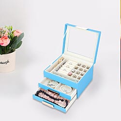 Three Layer Anti-Tarnish Jewellery Box with Transparent Glass Window at Top in Turquoise