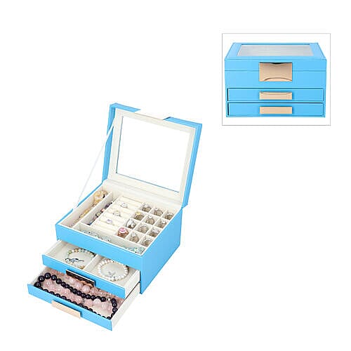 Three Layer Anti-Tarnish Jewellery Box with Transparent Glass Window at Top in Turquoise