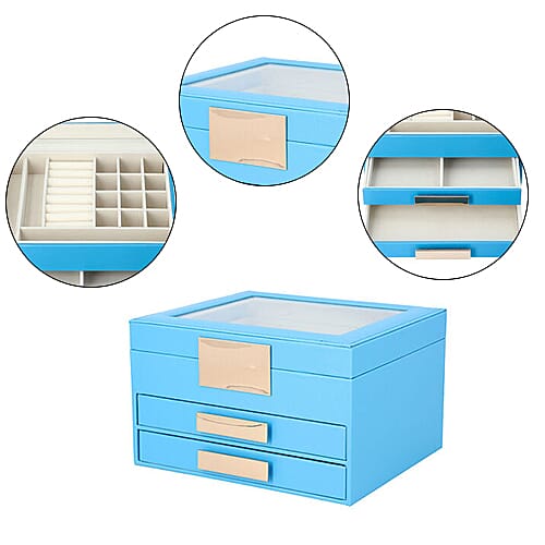 Three Layer Anti-Tarnish Jewellery Box with Transparent Glass Window at Top in Turquoise