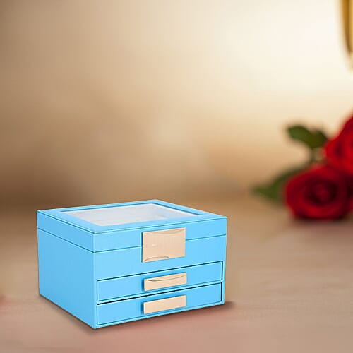 Three Layer Anti-Tarnish Jewellery Box with Transparent Glass Window at Top in Turquoise