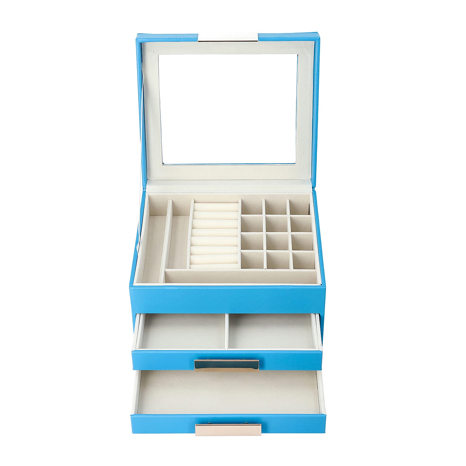 Three Layer Anti-Tarnish Jewellery Box with Transparent Glass Window at Top in Turquoise