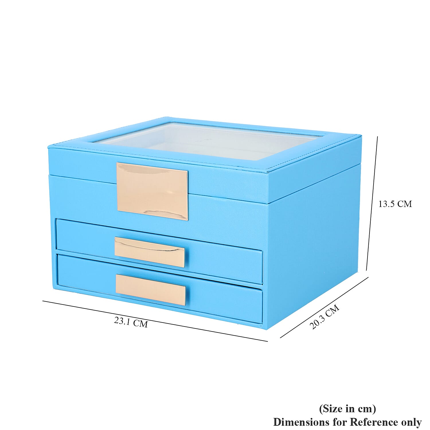 Three Layer Anti-Tarnish Jewellery Box with Transparent Glass Window at Top in Turquoise
