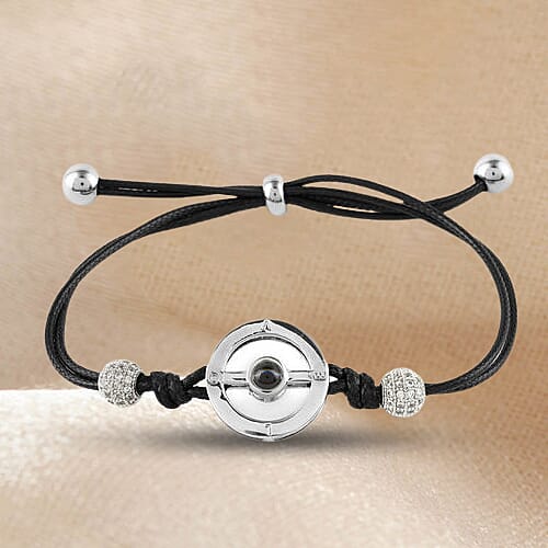I Love You in Different Languages Projection Bracelet (Size 6-10) with Simulated Diamond in Black Colour and Silver Tone