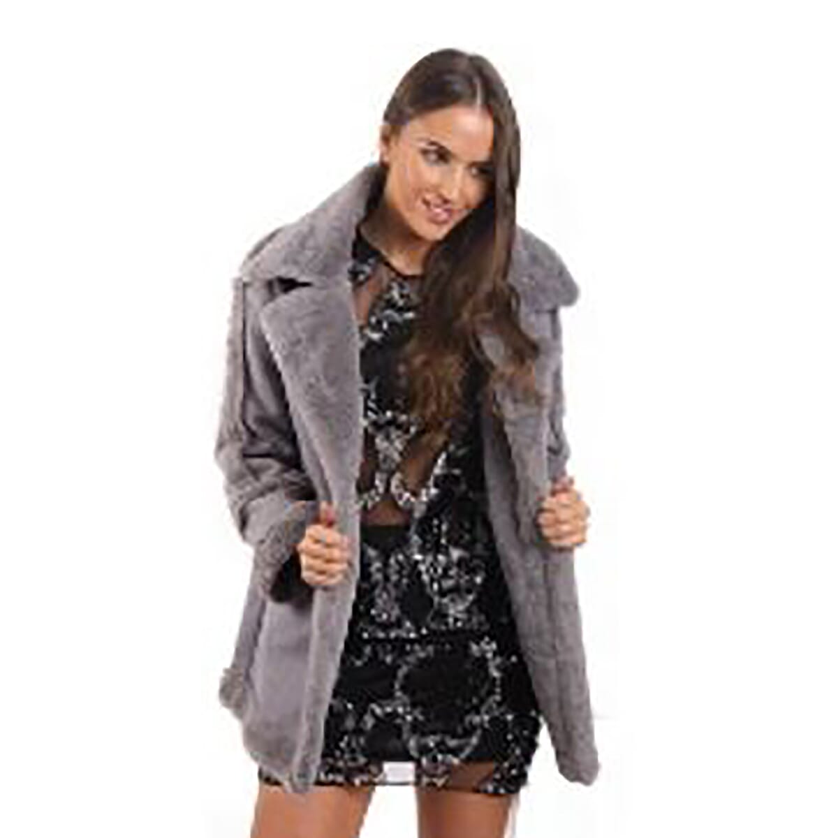 Faux Fur Suede Shearling Style Grey Coat