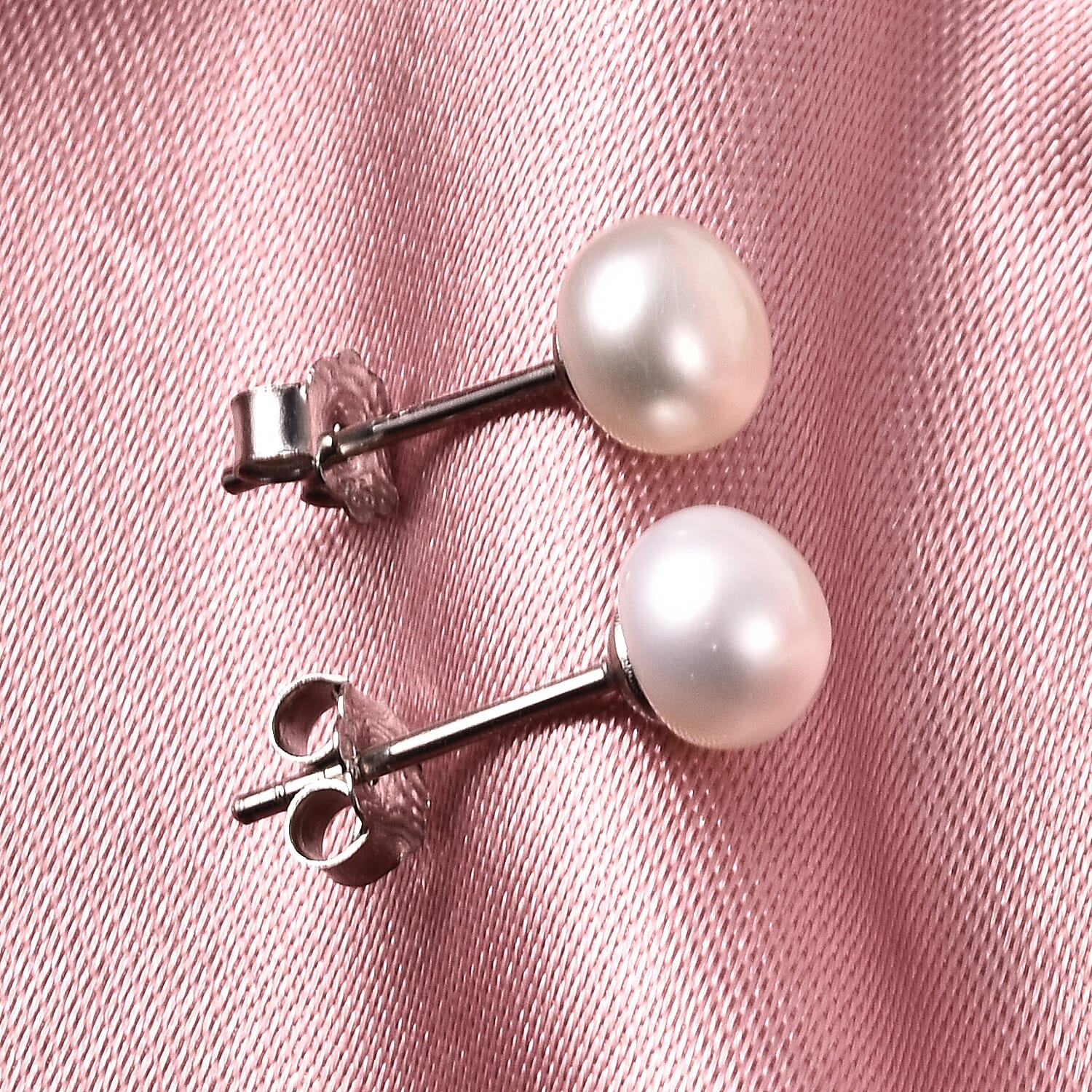 Fresh Water White Pearl Stud Earrings (with Push Back) in Sterling Silver