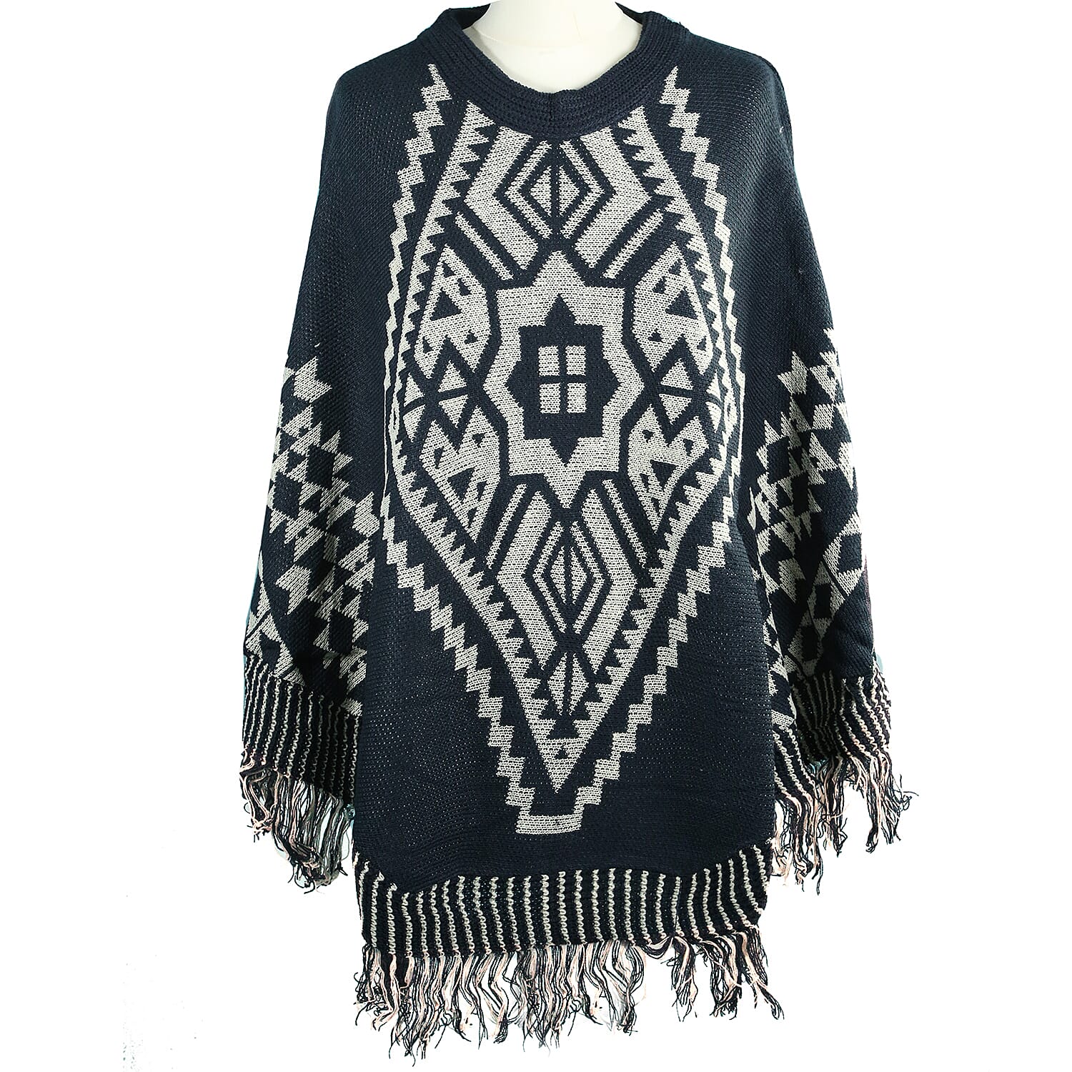 Aztec Print Poncho  (Size 110x70cm) - Navy