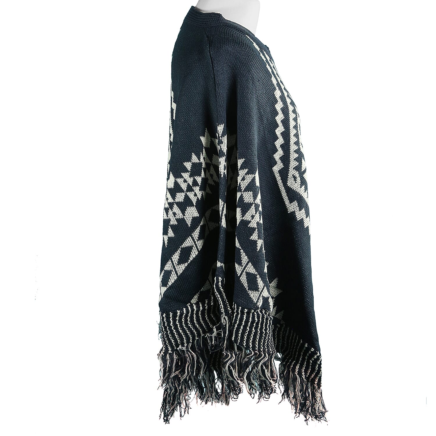 Aztec Print Poncho  (Size 110x70cm) - Navy